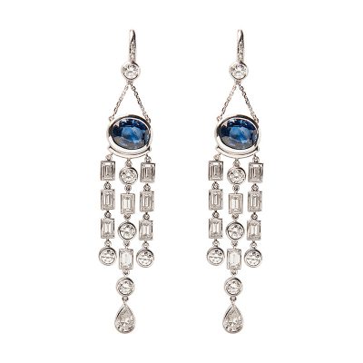 Sapphire, round & baquette diamonds earrings